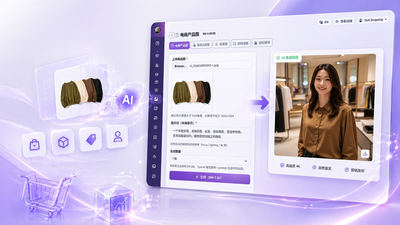 AI 电商图工坊后台 · 棕色衬衫商品图 → AI 模特上身效果